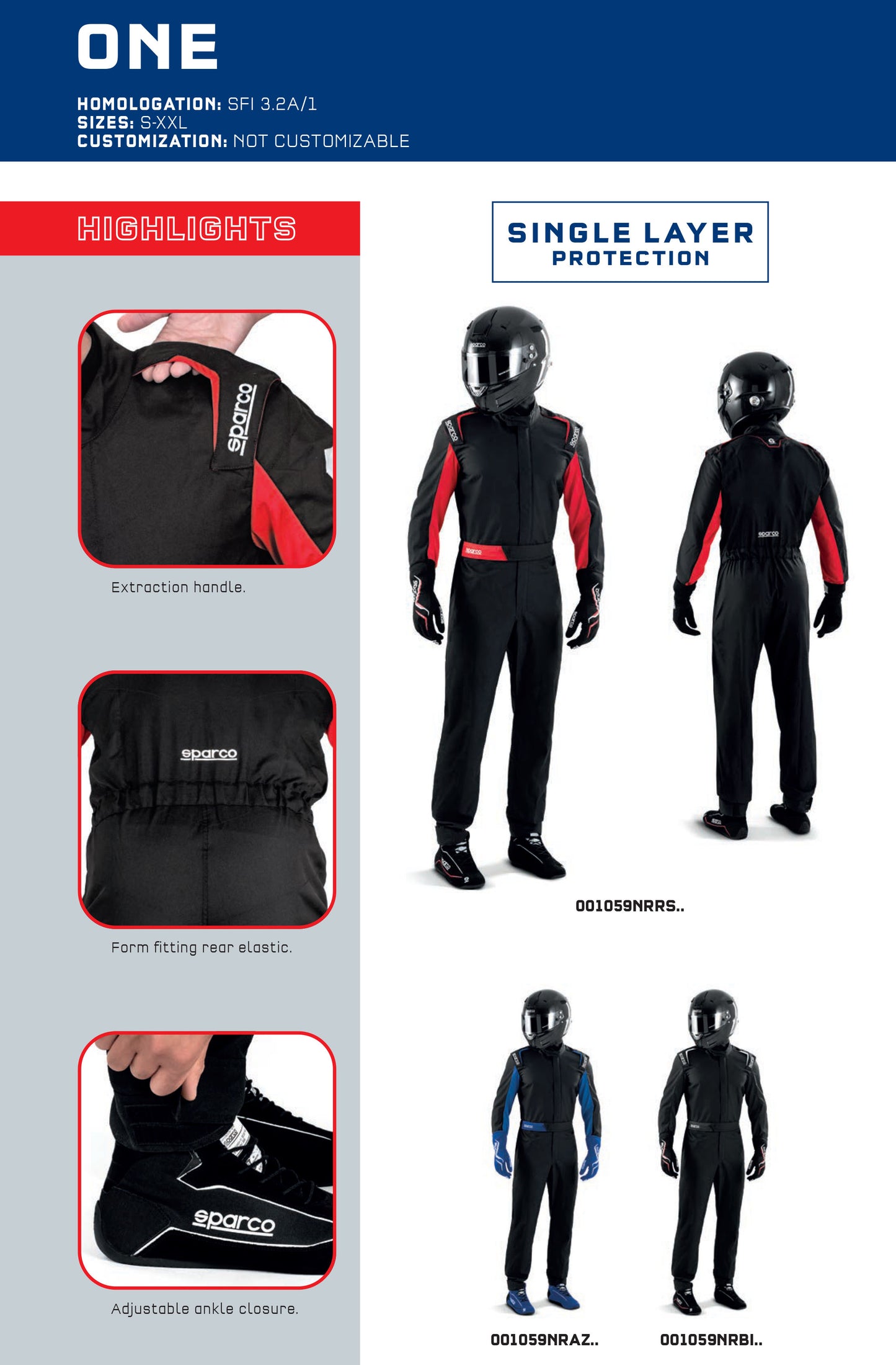 001059 Sparco One Race Suit Basic Overalls Karting Mechanic Pitcrew Sizes S-XXL