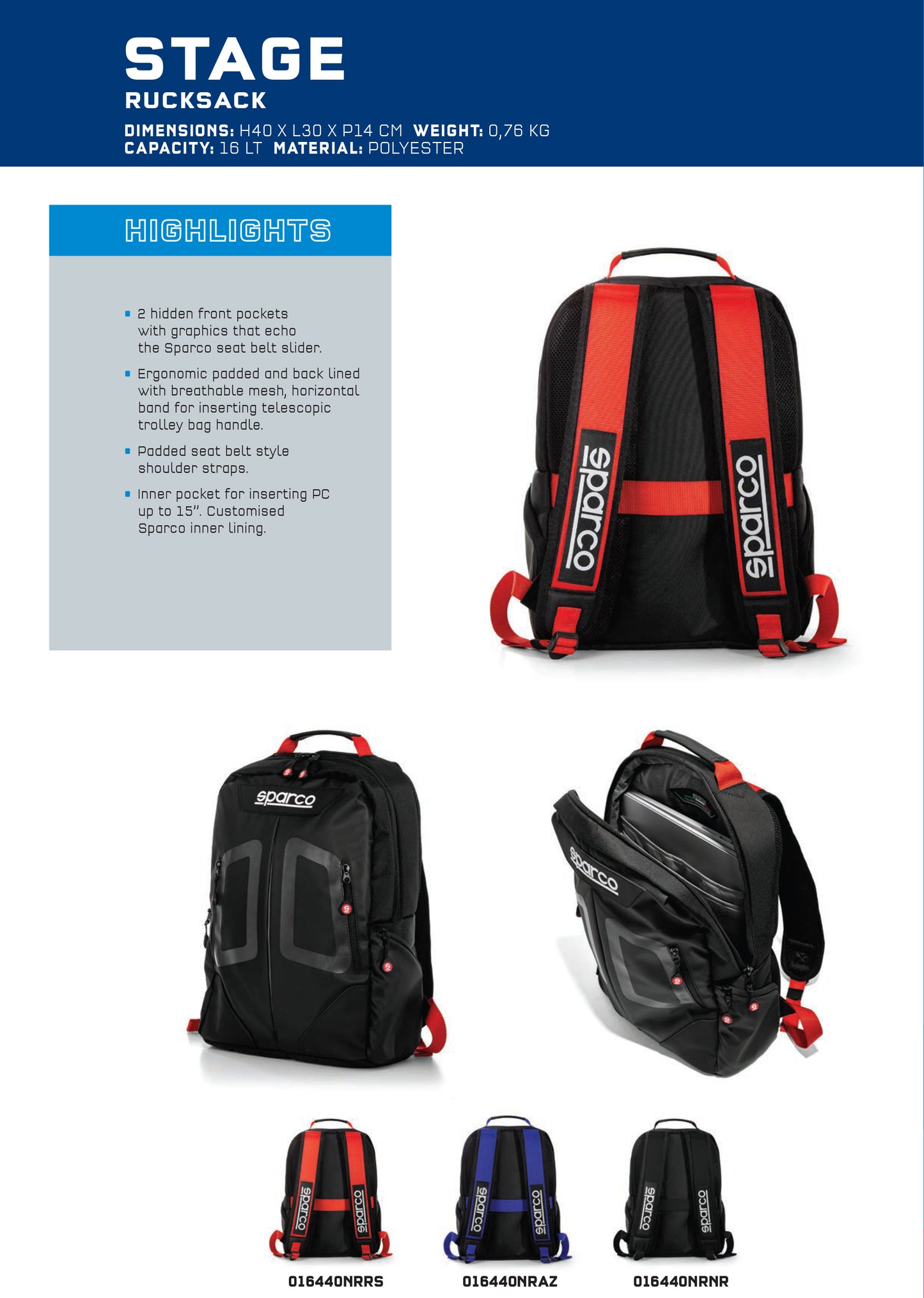 Sparco STAGE Racing Rucksack Backpack 16L for Motorsport Race Rally Equipment