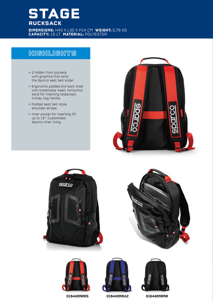 Sparco STAGE Racing Rucksack Backpack 16L for Motorsport Race Rally Equipment