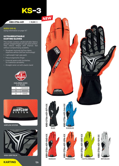 KB0-2756 2026 OMP KS-3 KS3 Karting Gloves Airflow System Breathable High Grip