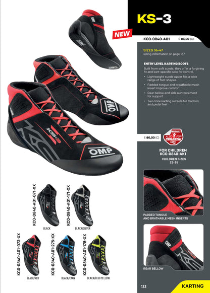 KC0-0840 2026 OMP KS-3 KS3 Kids Karting Boots Boys Kart Shoes Child Youth Sizes