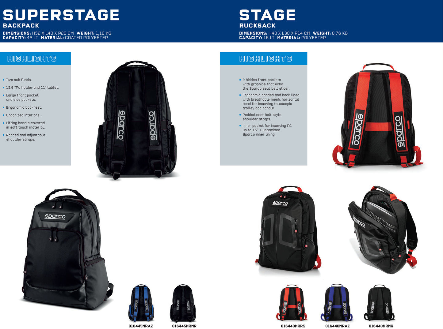 Sparco STAGE Racing Rucksack Backpack 16L for Motorsport Race Rally Equipment