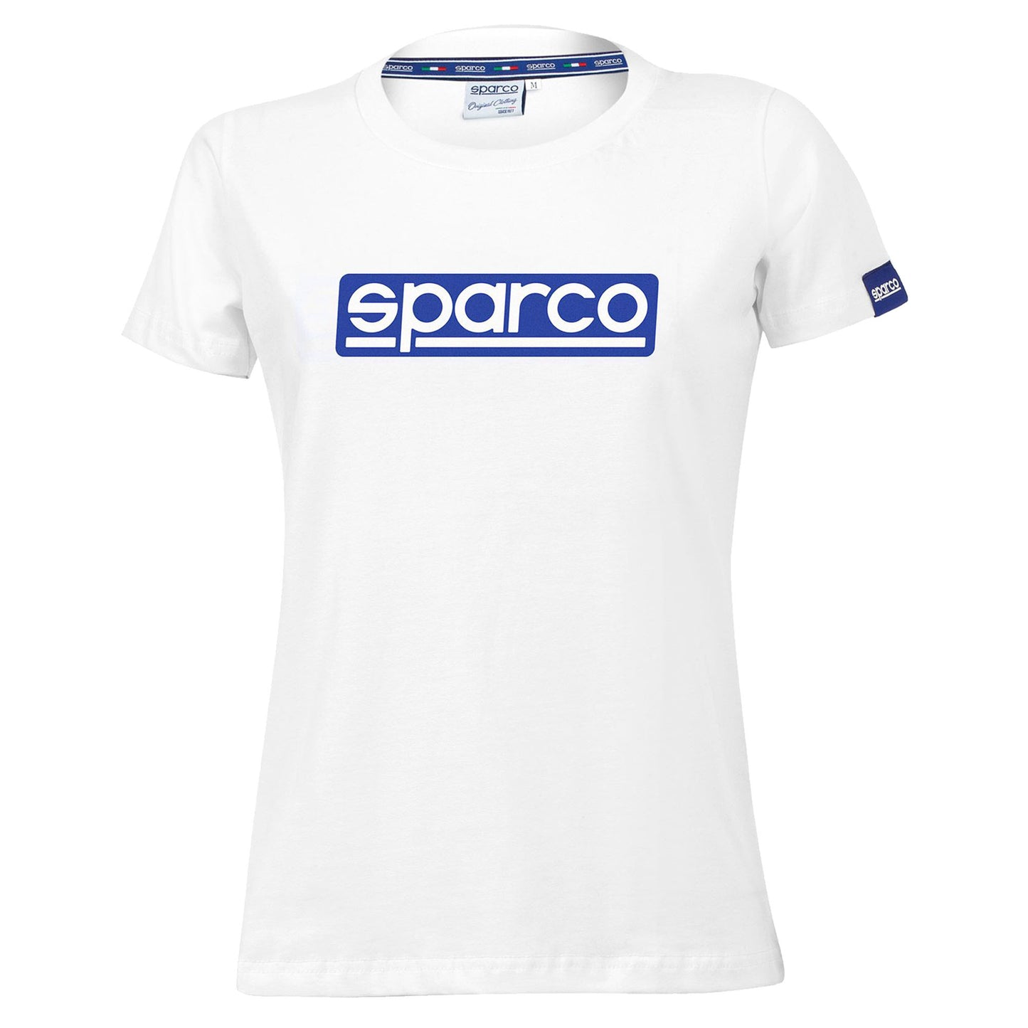 01328 Neues 2023 Sparco Damen-Klassiker-T-Shirt Weiß mit blauem Logo für Damen und Mädchen